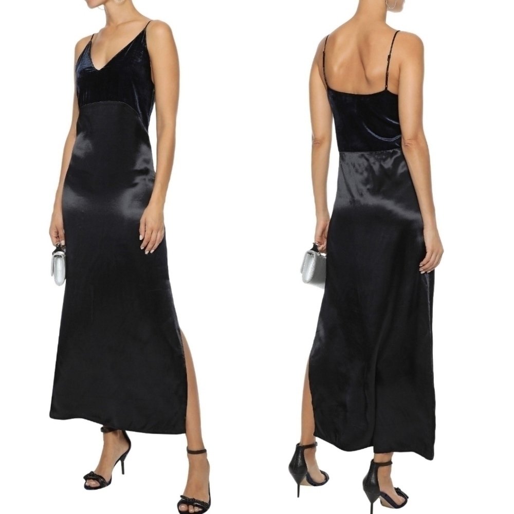 New Maje Ryck Velvet Paneled Satin Slip Adjustable Strap Navy Maxi Dress 1/Small